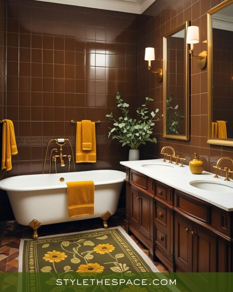 Warm Elegance Mustard, Olive, and Deep Brown Bathroom
