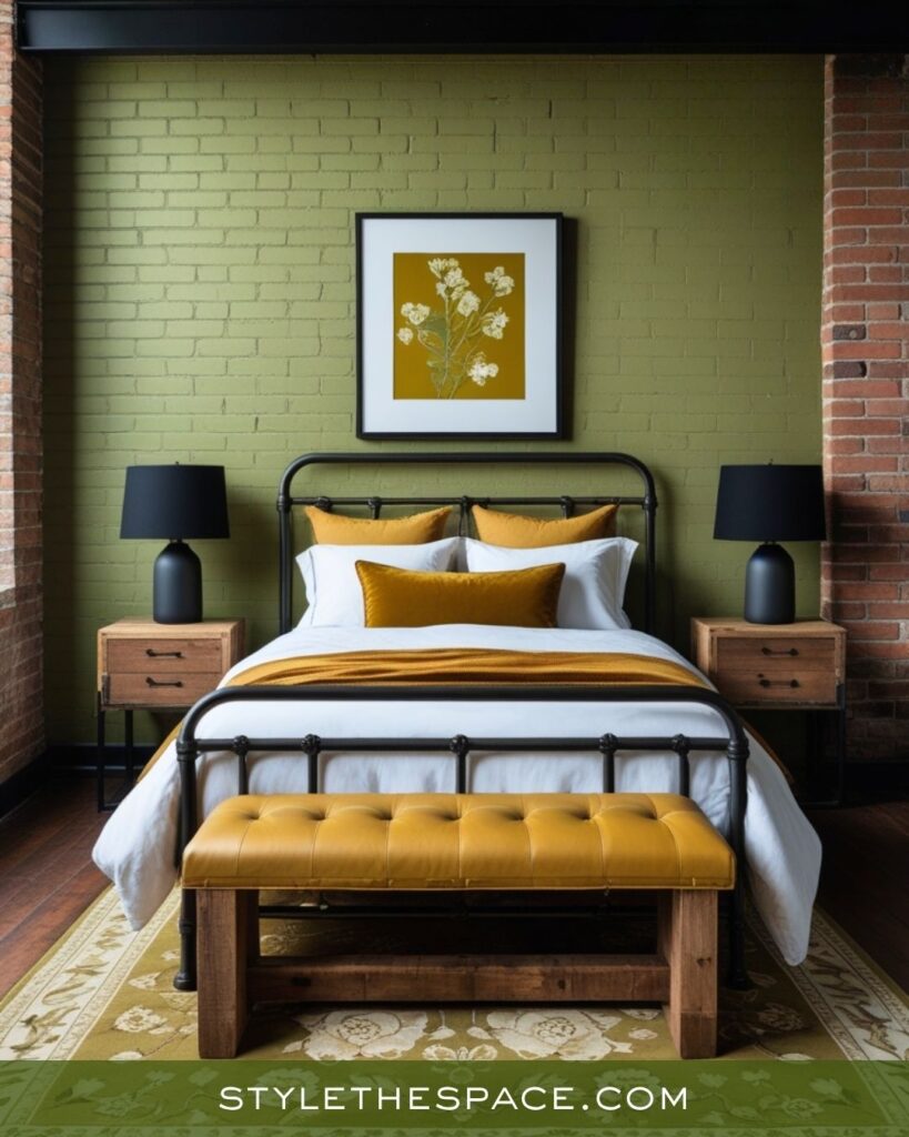 Industrial Chic Bedroom with Mustard, Olive, and Deep Brown