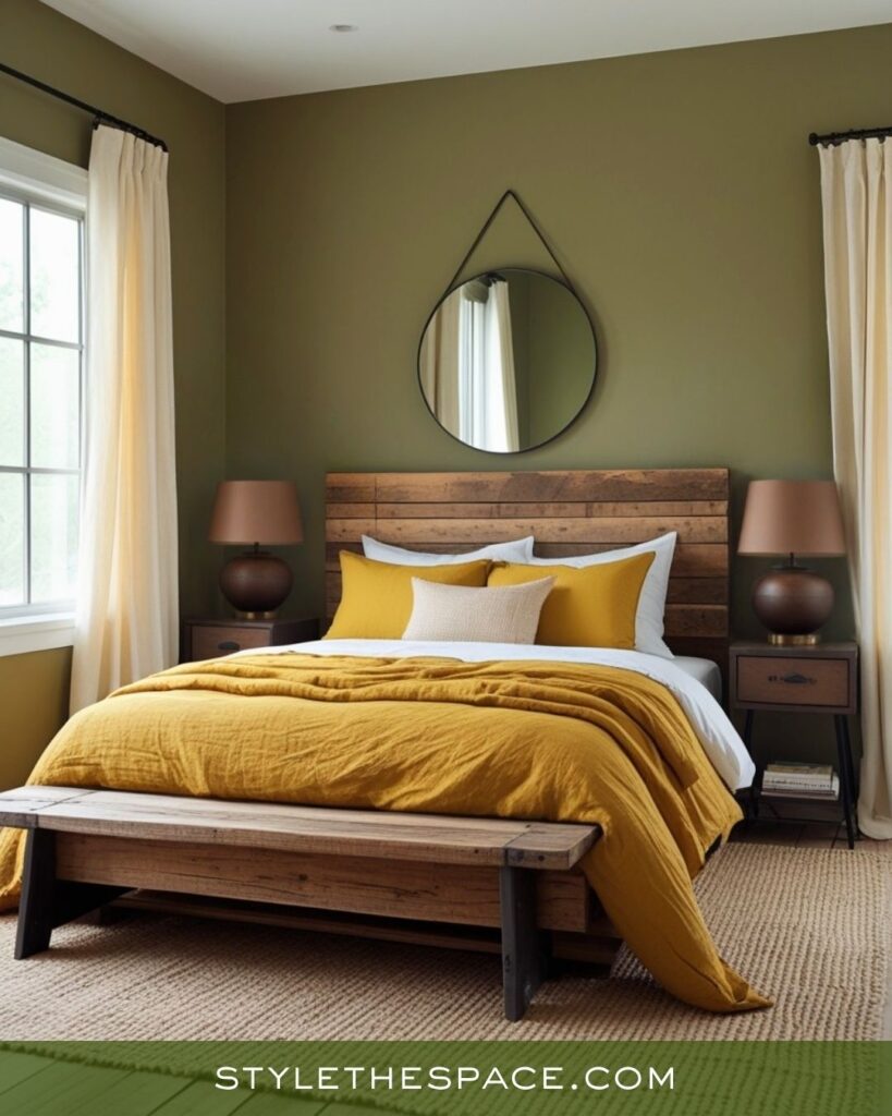Rustic Bedroom with Mustard, Olive, and Deep Brown