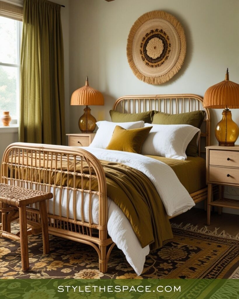 Bohemian Warmth Bedroom with Mustard, Olive, and Deep Brown