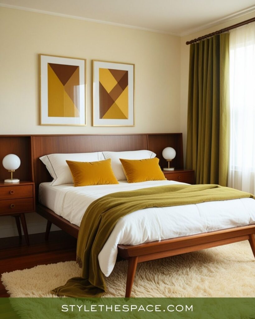 Retro Modern Bedroom with Mustard, Olive, and Deep Brown