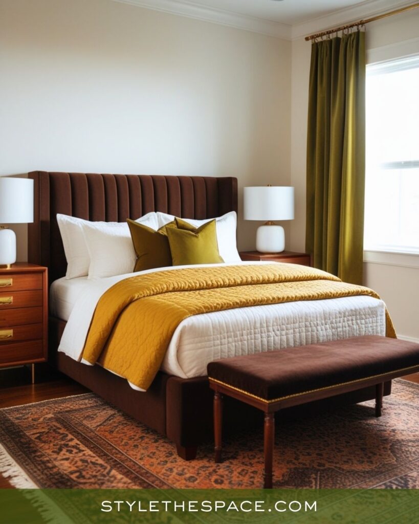Modern Bedroom with Mustard, Olive, and Deep Brown