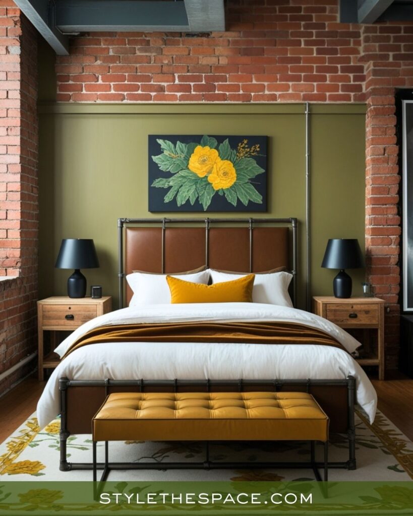 Industrial Charm Bedroom with Mustard, Olive, and Deep Brown