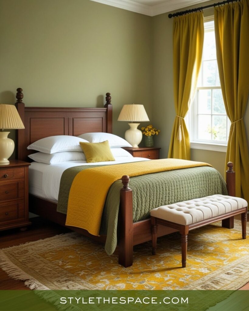 Classic Mustard, Olive, and Deep Brown Bedroom