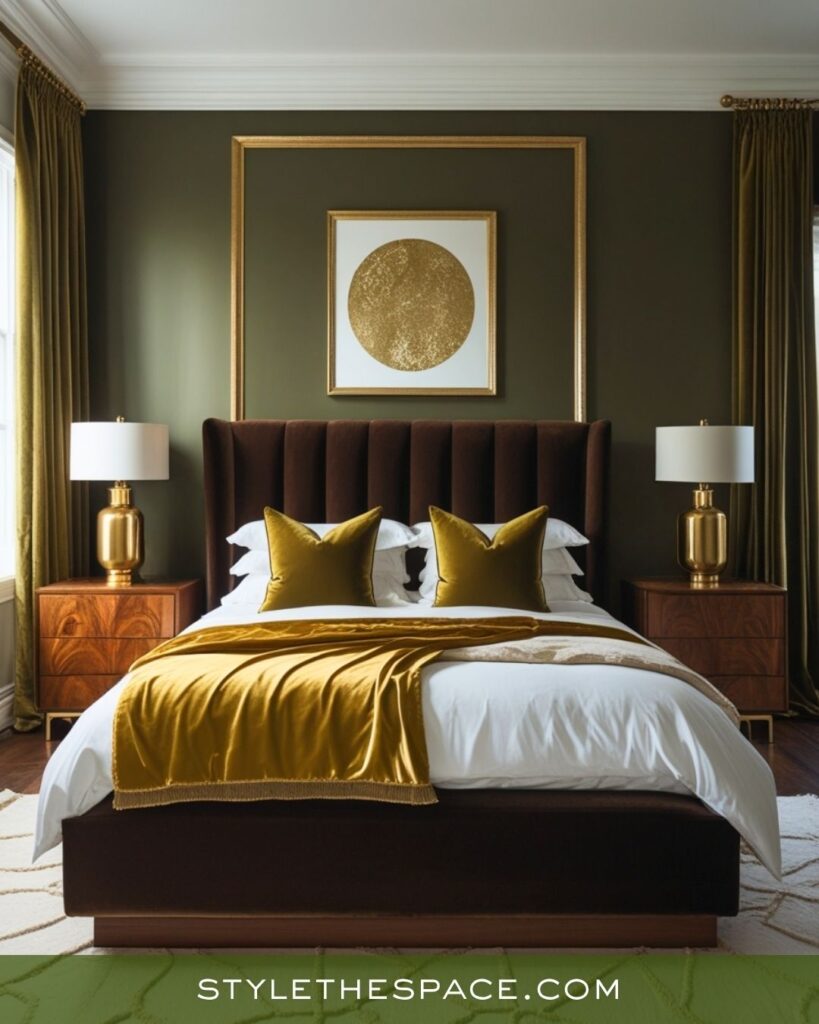 Glamorous Mustard, Olive, and Deep Brown Bedroom