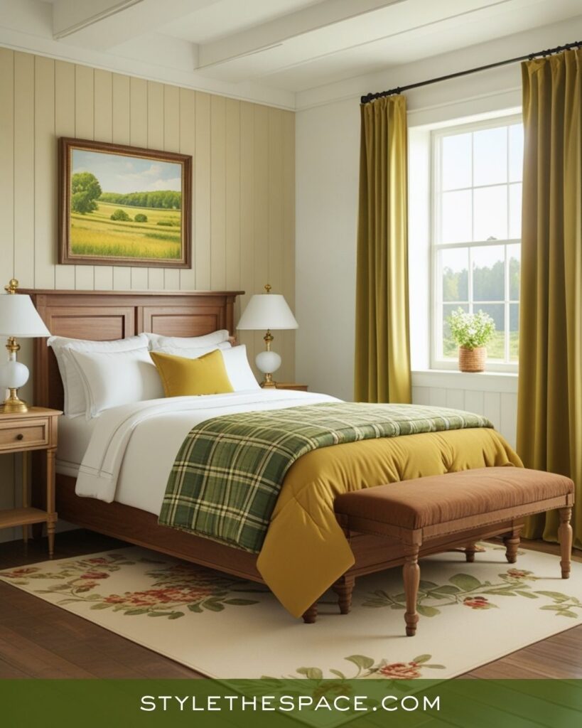 Country Charm Mustard, Olive, and Deep Brown Bedroom