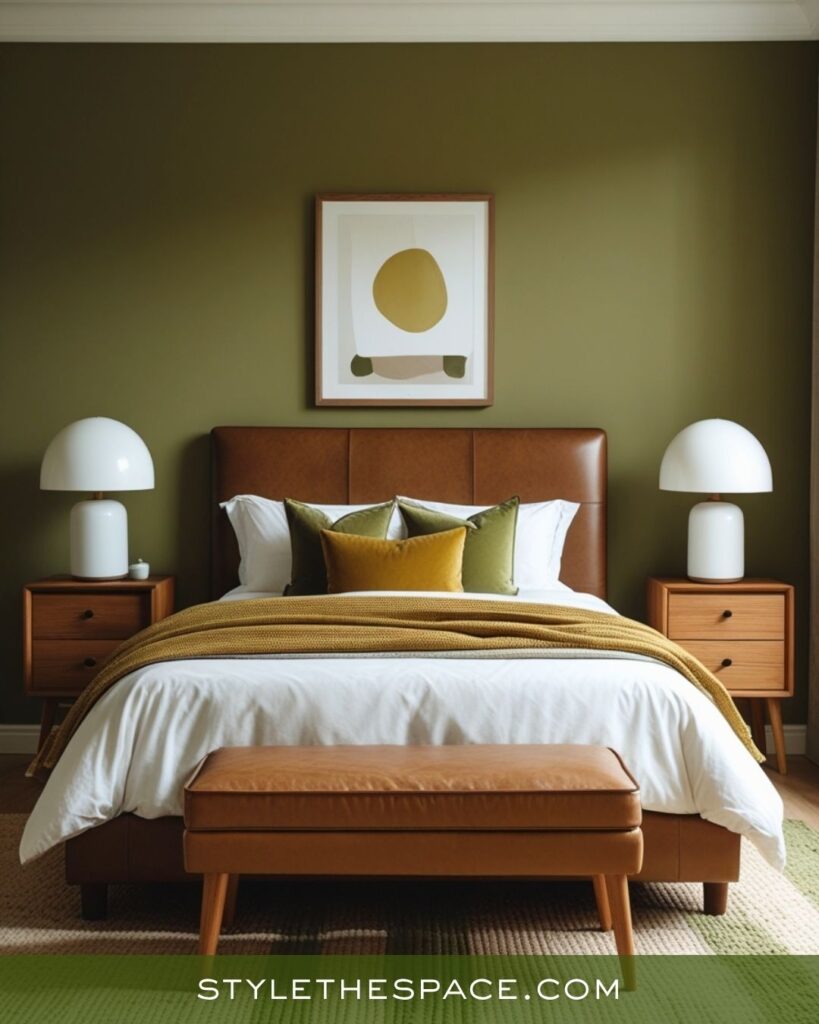 Modern Balance Mustard, Olive, and Deep Brown Bedroom