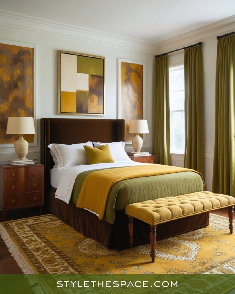 Elegant Mustard, Olive, and Deep Brown Bedroom Design