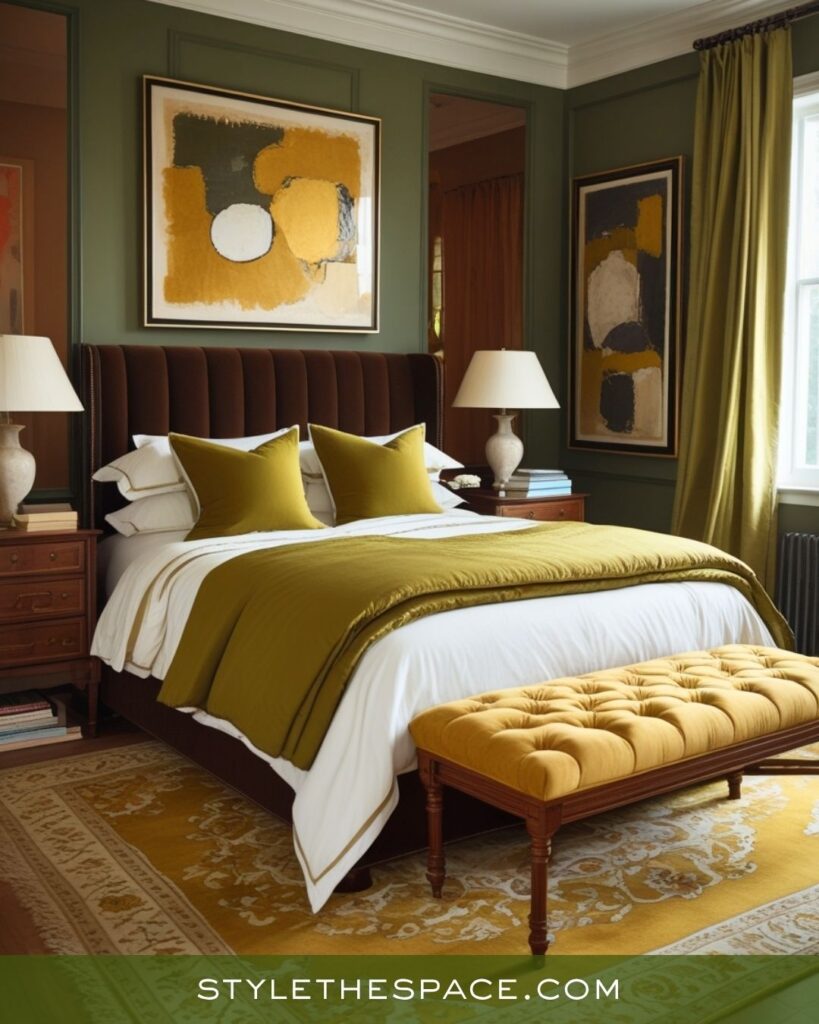 Refined Elegance Mustard, Olive, and Deep Brown Bedroom