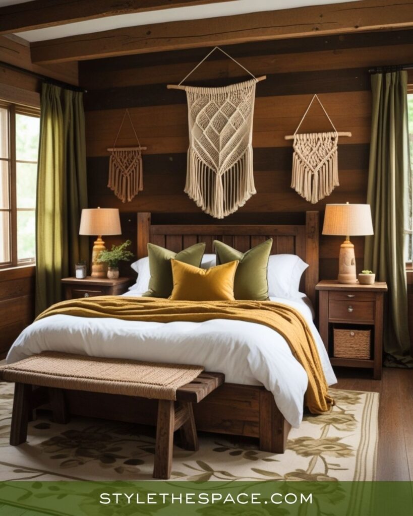 Cozy Mustard, Olive, and Deep Brown Boho Bedroom