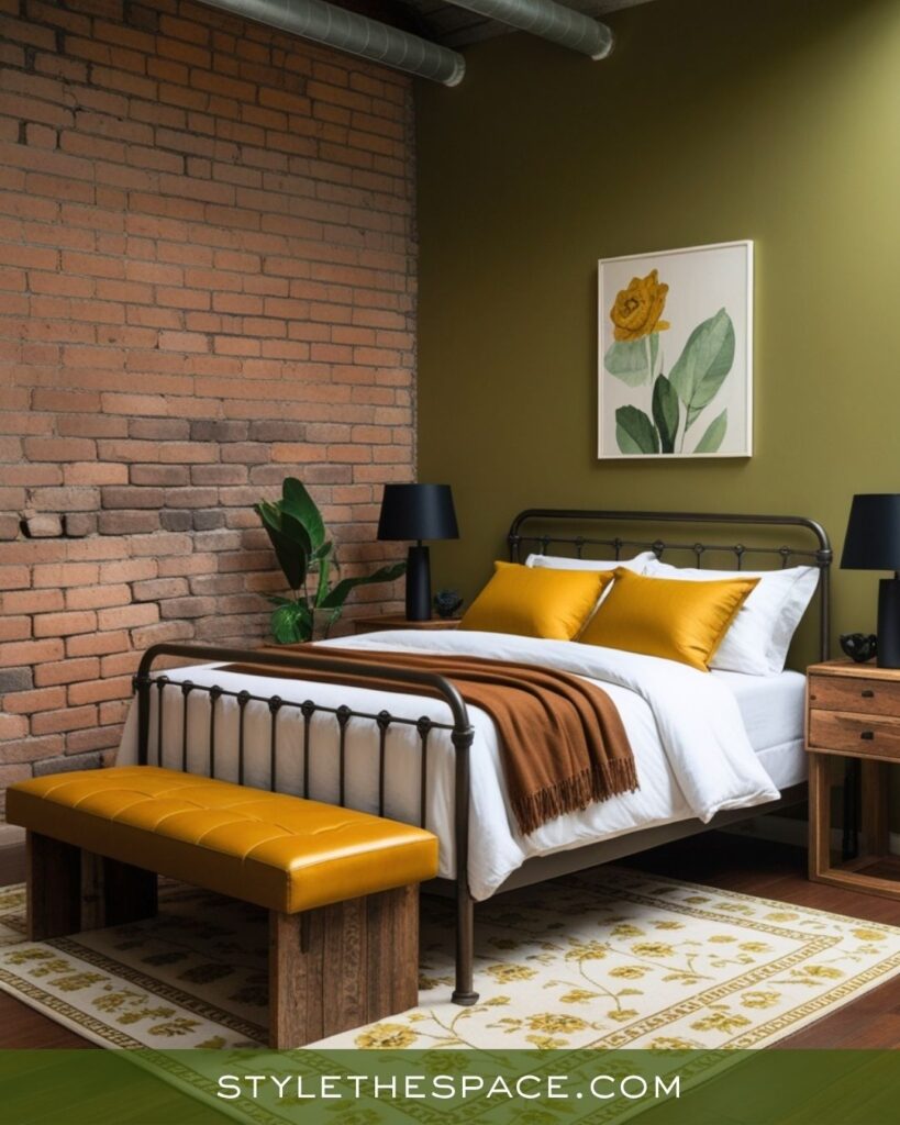 Mustard, Olive, and Deep Brown Urban Bedroom
