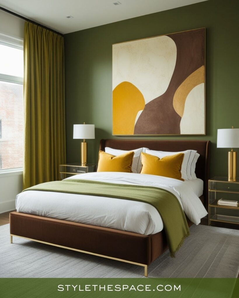 Modern Luxe Mustard, Olive, and Deep Brown Bedroom