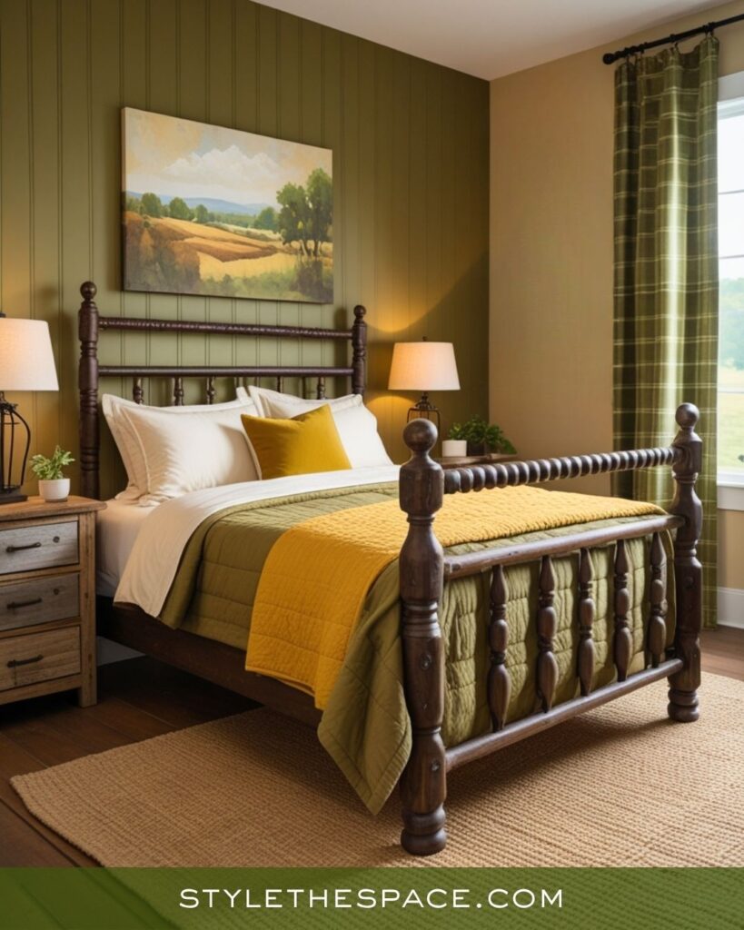 Rustic Charm Bedroom with Mustard, Olive, and Deep Brown Accents