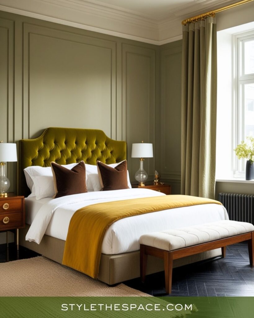 Modern Sophistication Bedroom with Mustard, Olive, and Deep Brown