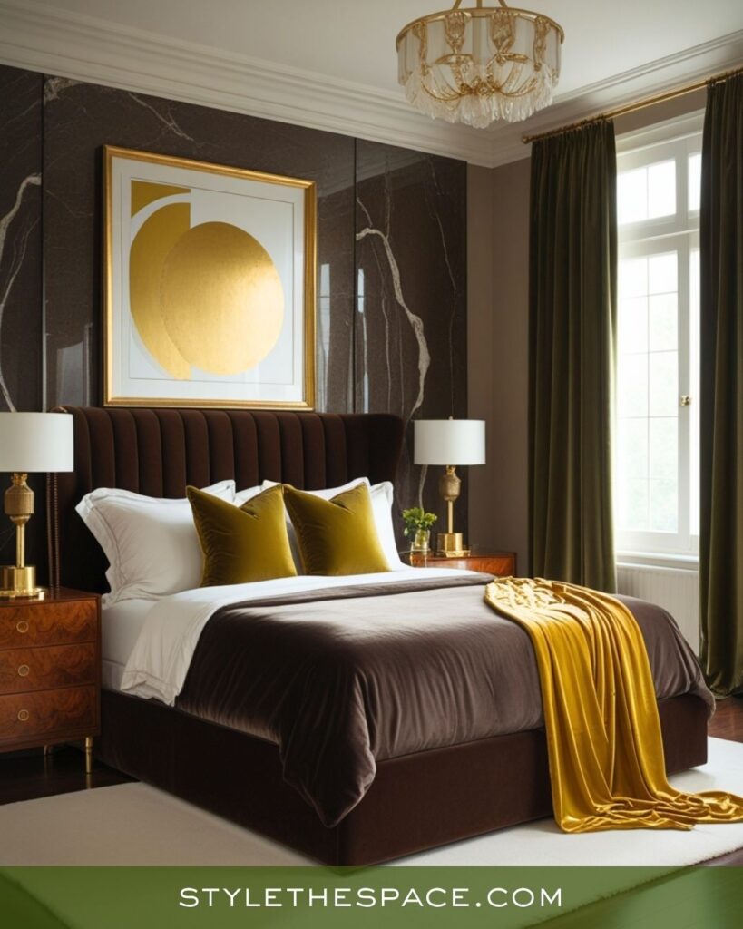 Luxurious Bedroom with Mustard, Olive, and Deep Brown
