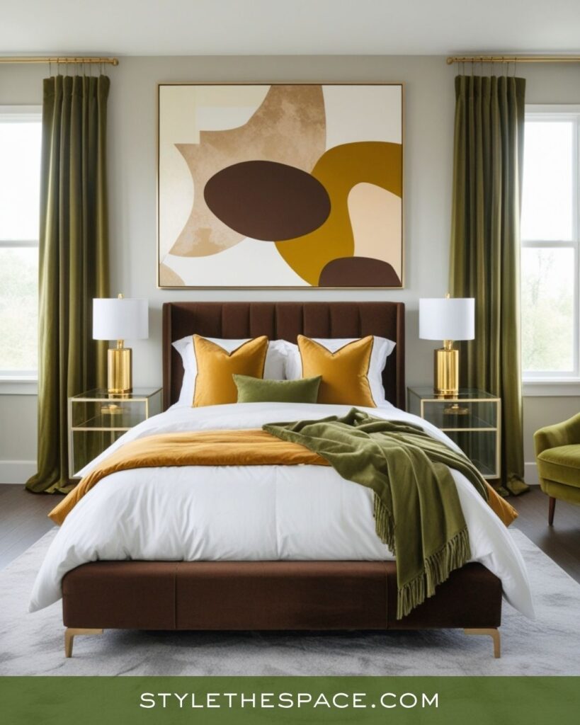 Contemporary Elegance Bedroom with Mustard, Olive, and Deep Brown