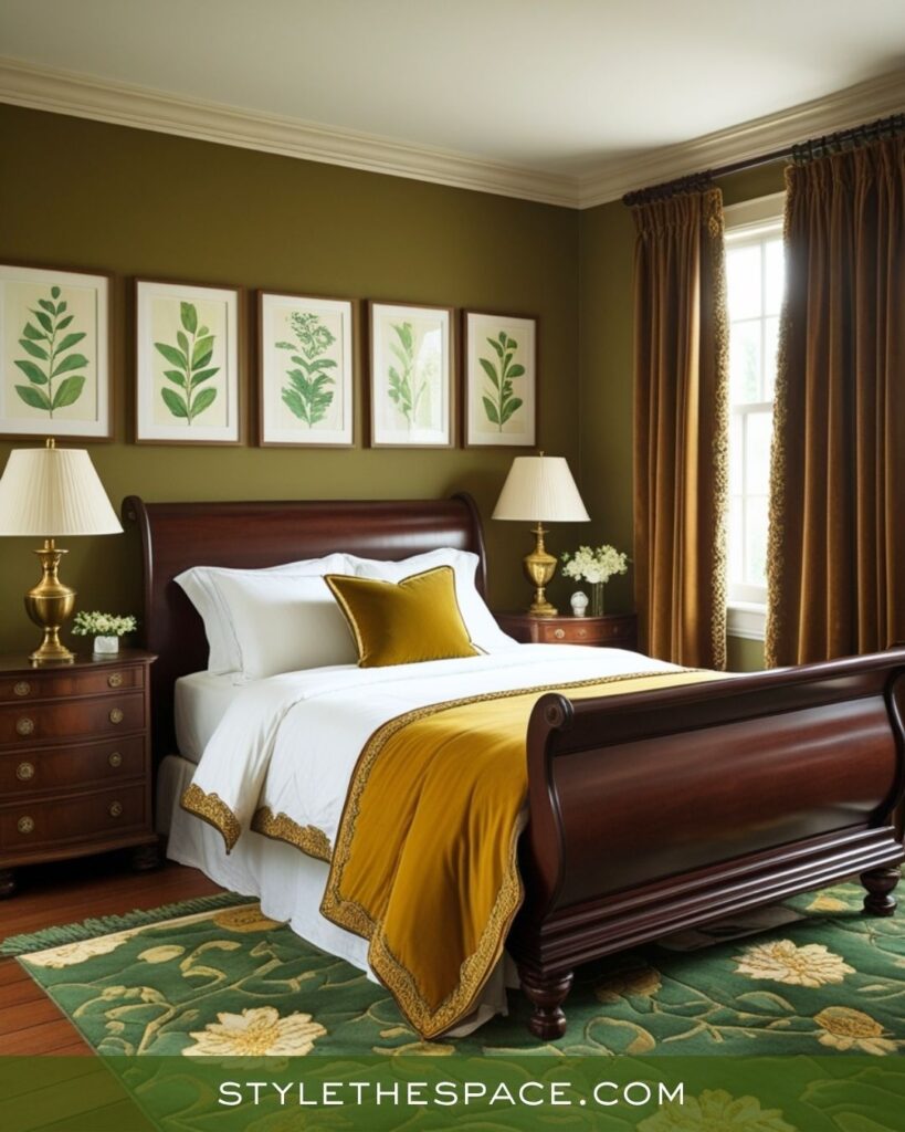 Traditional Elegance Bedroom with Mustard, Olive, and Deep Brown