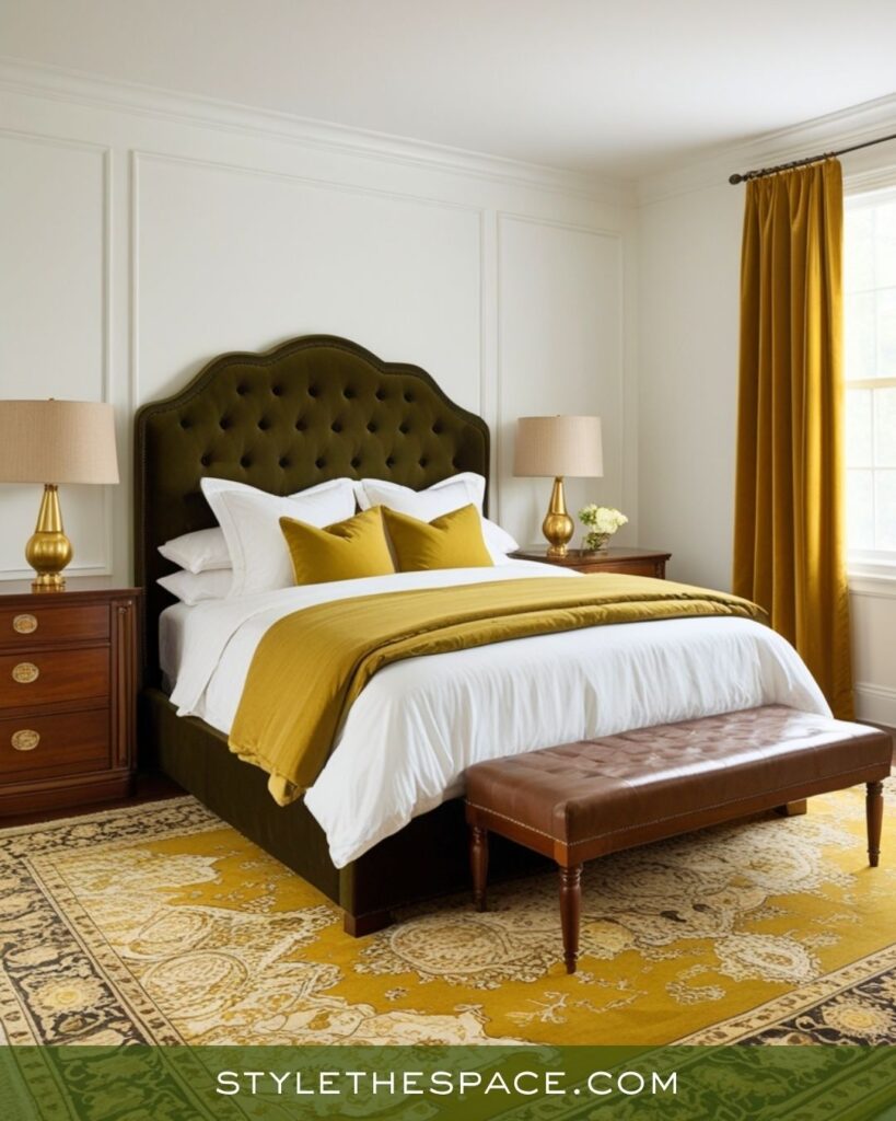 Warm Mustard, Olive, and Deep Brown Bedroom