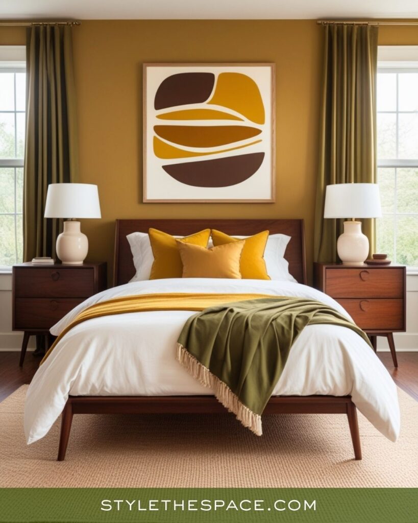 Mid-Century Bedroom with Mustard, Olive, and Deep Brown