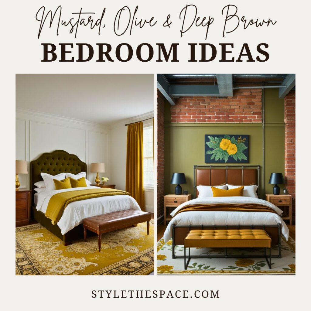 Mustard Yellow, Olive Green and Deep Brown Bedroom Ideas