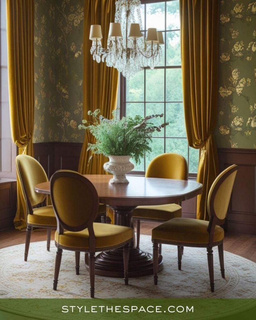 Luxurious Mustard Yellow Olive Green and Deep Brown Dining Room