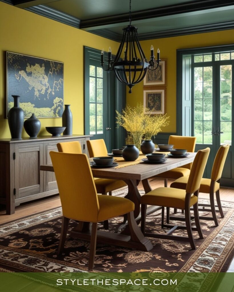 Vibrant Mustard Yellow Olive Green and Deep Brown Dining Room