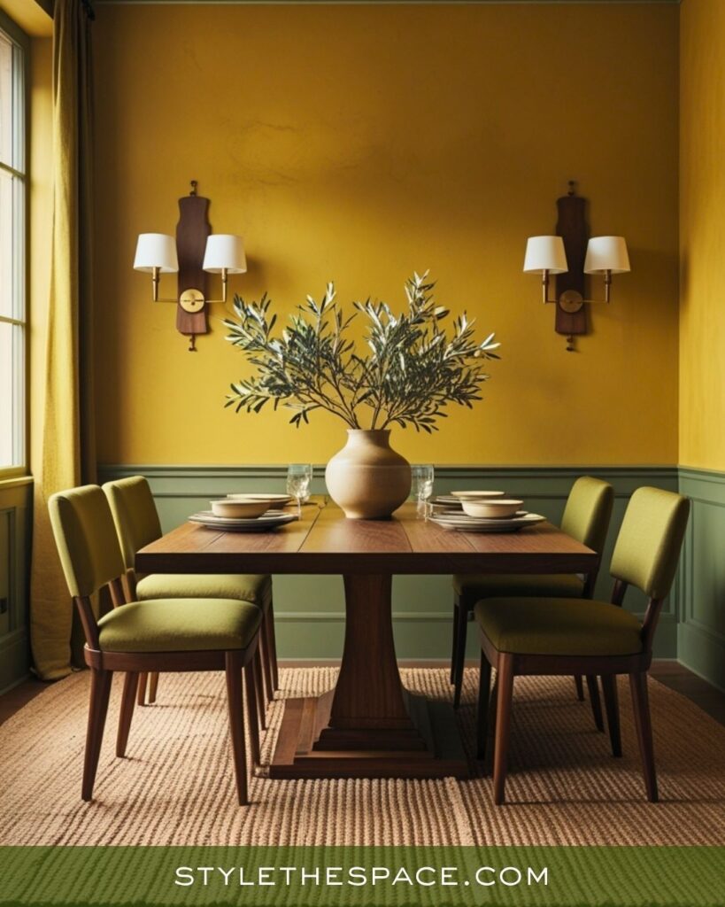 Warm Mustard Yellow Olive Green and Deep Brown Dining Room