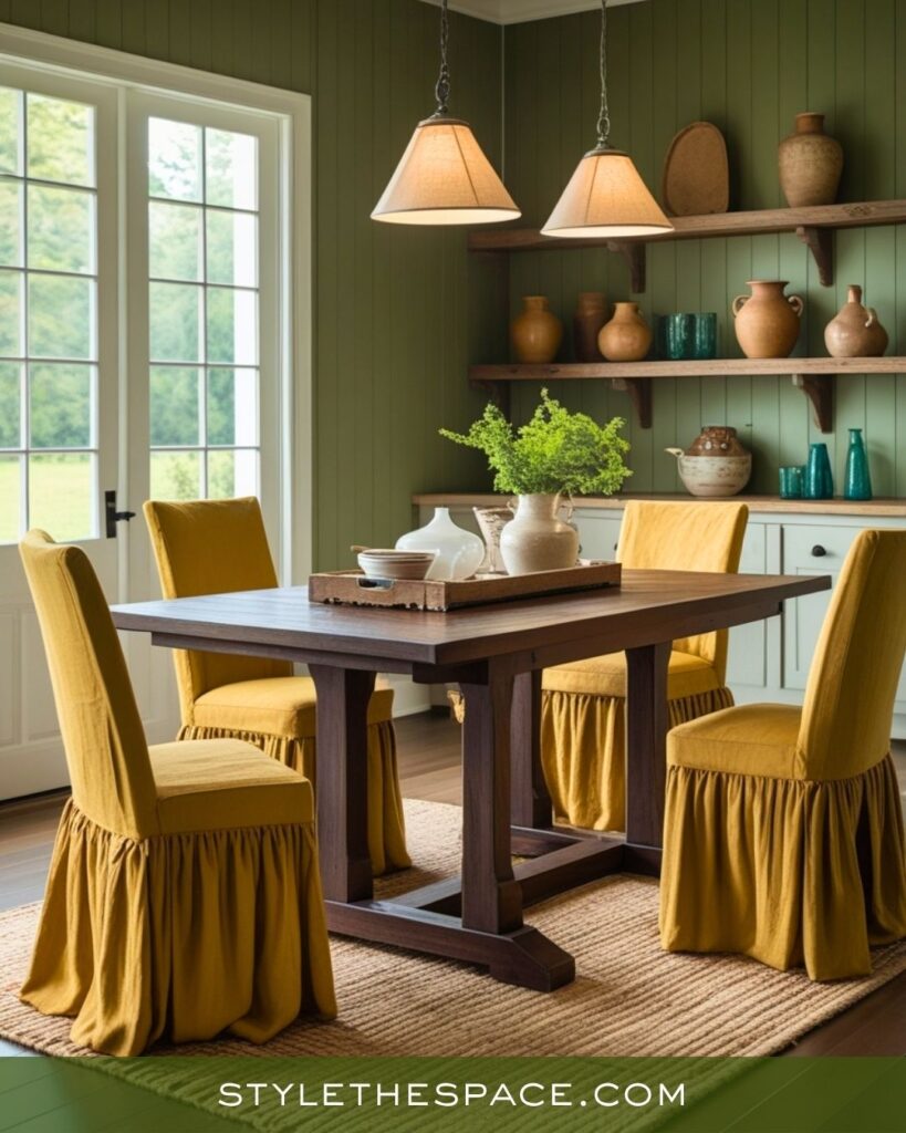 Rustic Mustard Yellow Olive Green and Deep Brown Dining Room