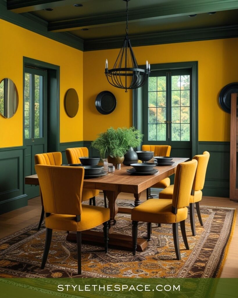 Dramatic Mustard Yellow Olive Green and Deep Brown Dining Room