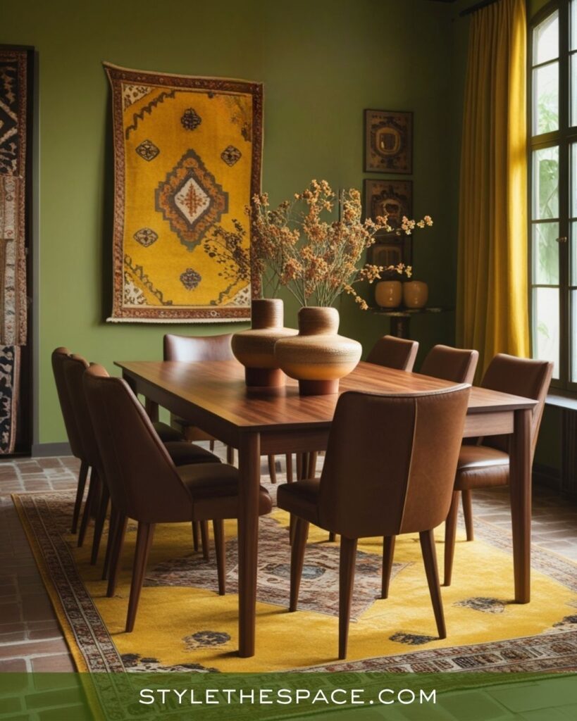 Eclectic Mustard Yellow Olive Green and Deep Brown Dining Room