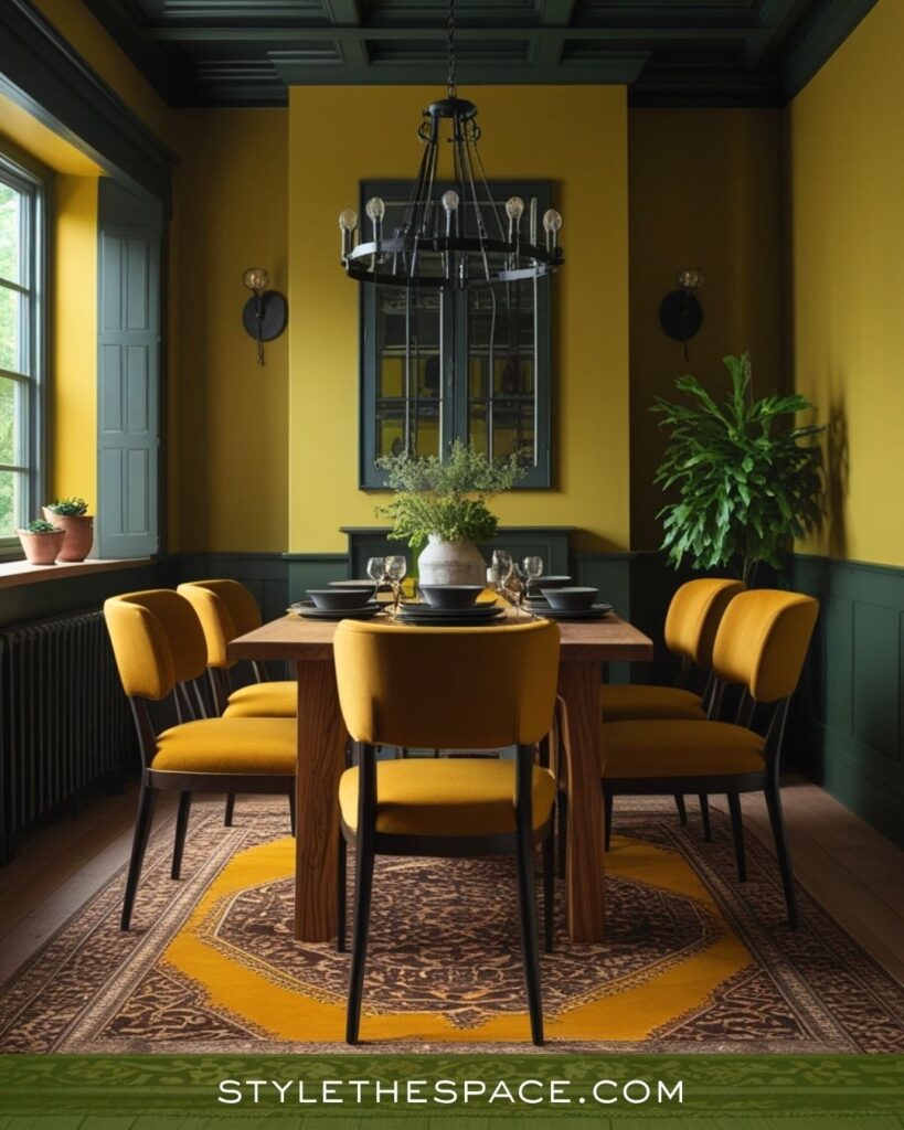 Rich Mustard Yellow Olive Green and Deep Brown Dining Room Design