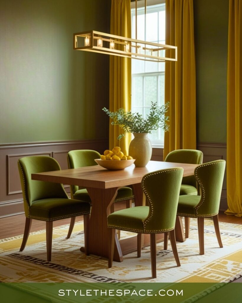 Elegant Mustard Yellow Olive Green and Deep Brown Dining Room