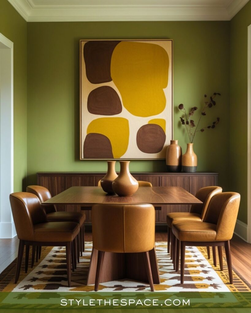 Modern Mustard Yellow Olive Green and Deep Brown Dining Room Style