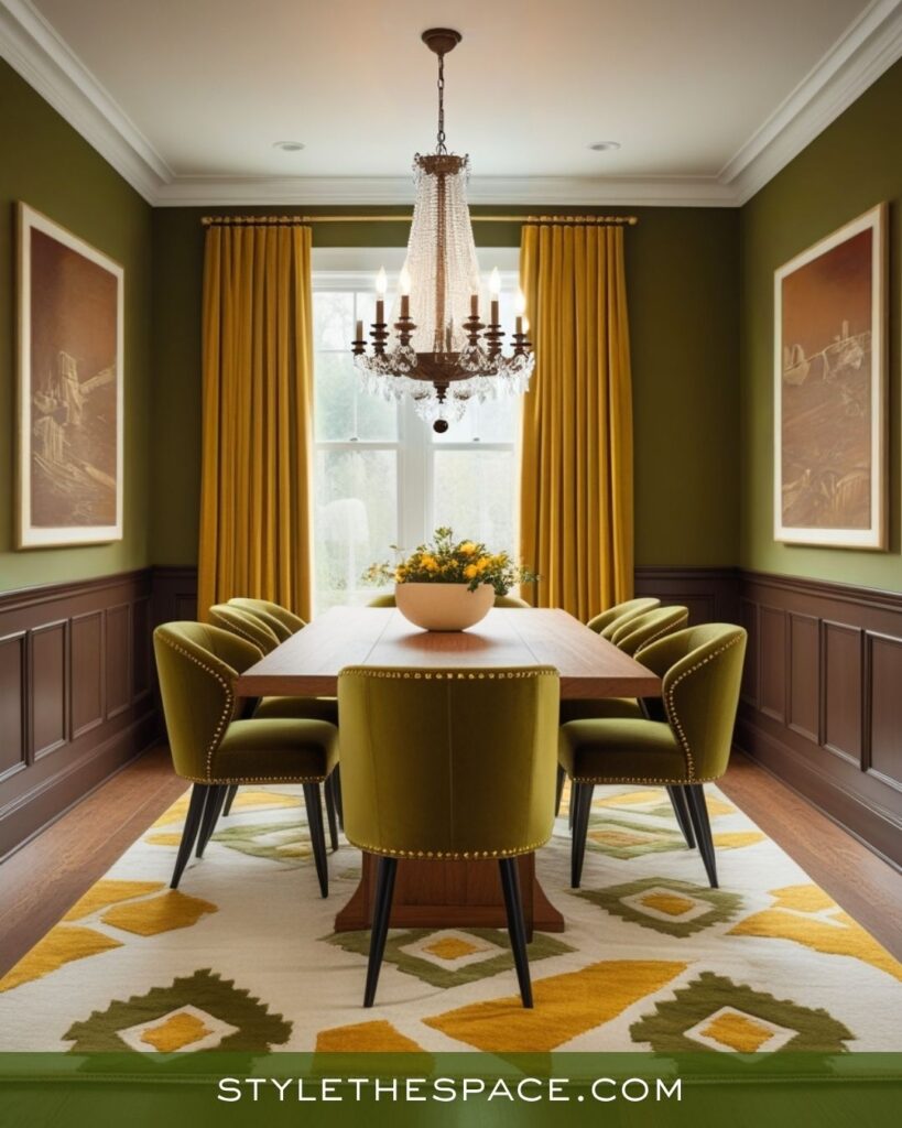 Classic Mustard Yellow Olive Green and Deep Brown Dining Room Design