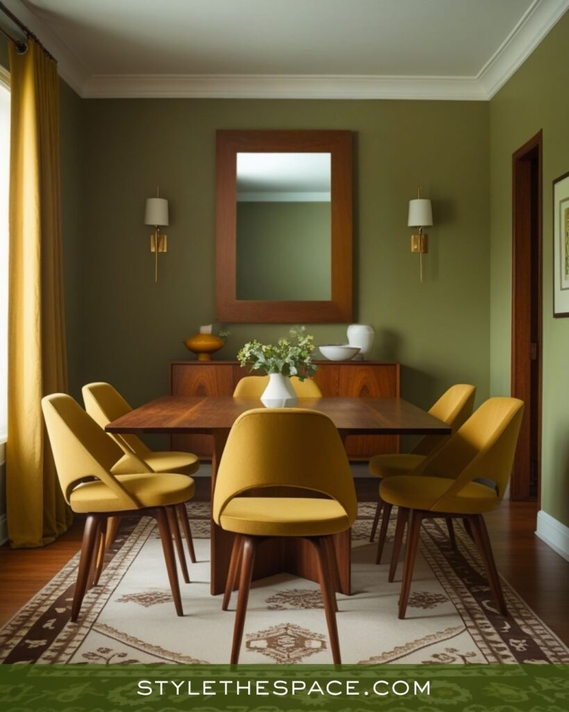 Warm Mustard Yellow Olive Green and Deep Brown Dining Room Style
