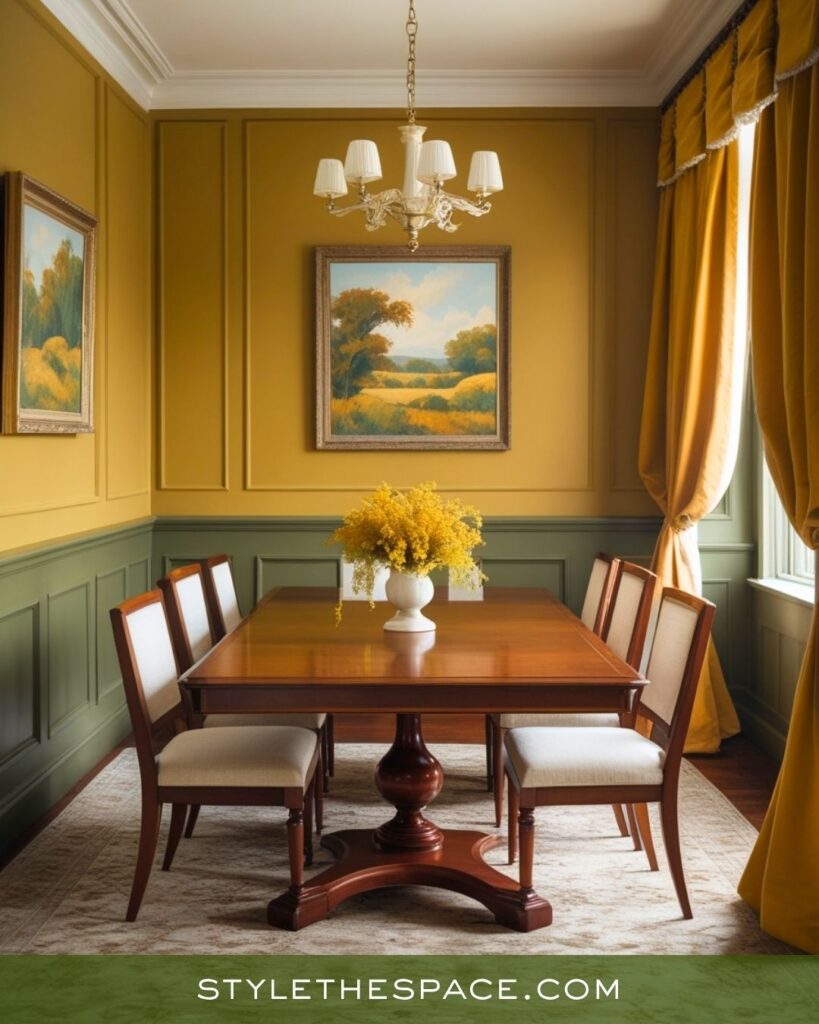 Traditional Mustard Yellow Olive Green and Deep Brown Dining Room