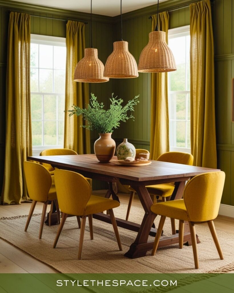 Cozy Mustard Yellow Olive Green and Deep Brown Dining Room