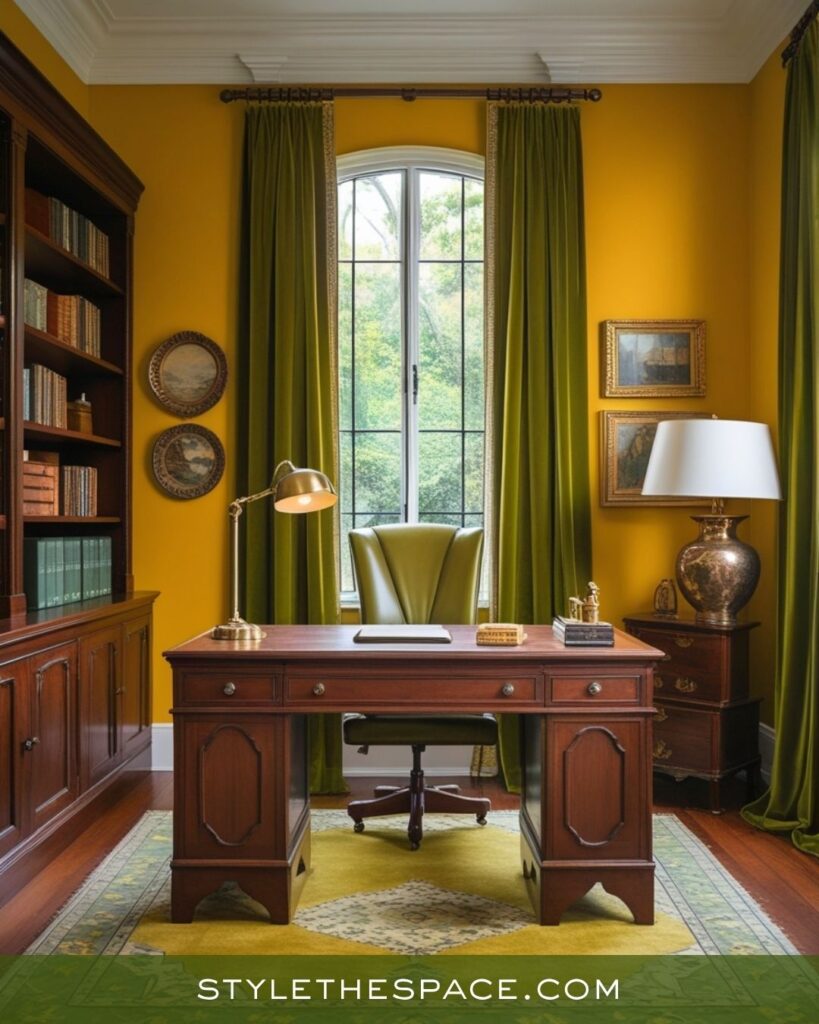 Classic Mustard Yellow Olive Green and Deep Brown Office Design