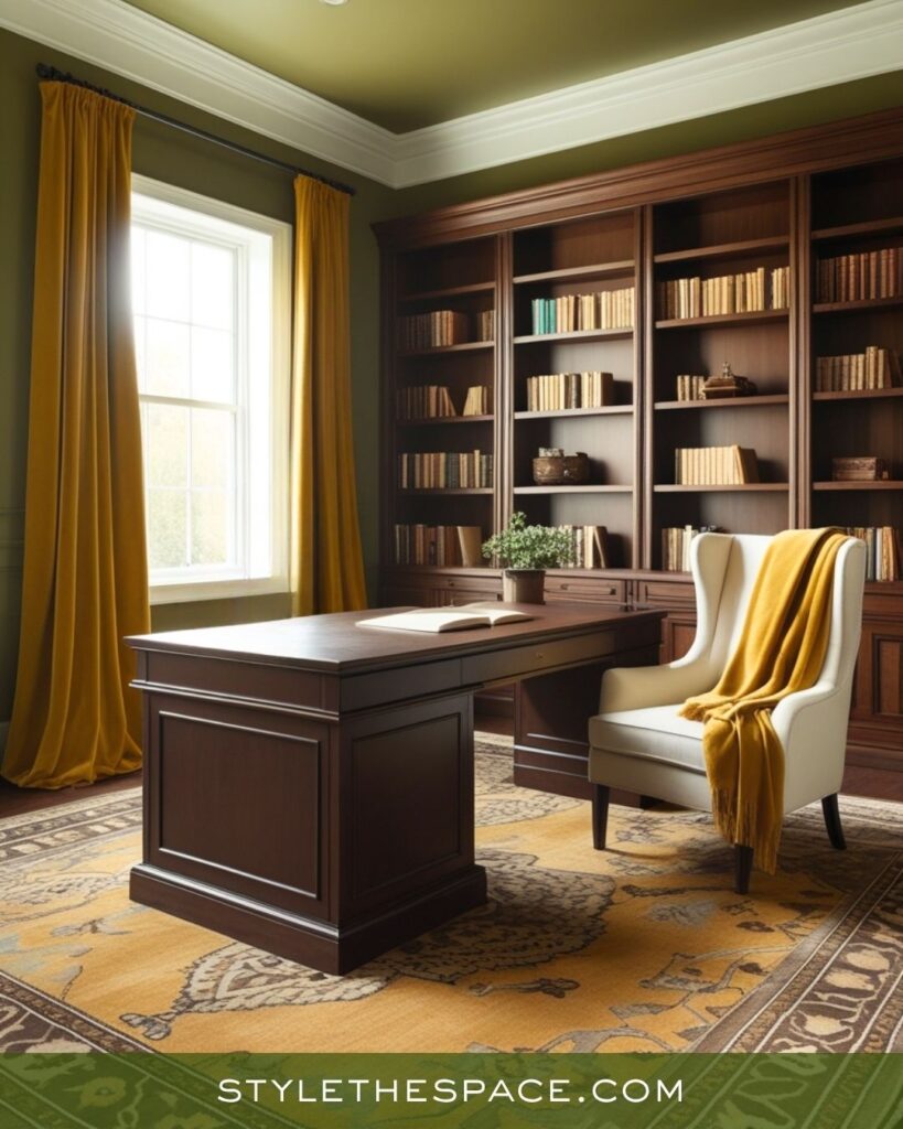 Timeless Mustard Yellow Olive Green and Deep Brown Office Design