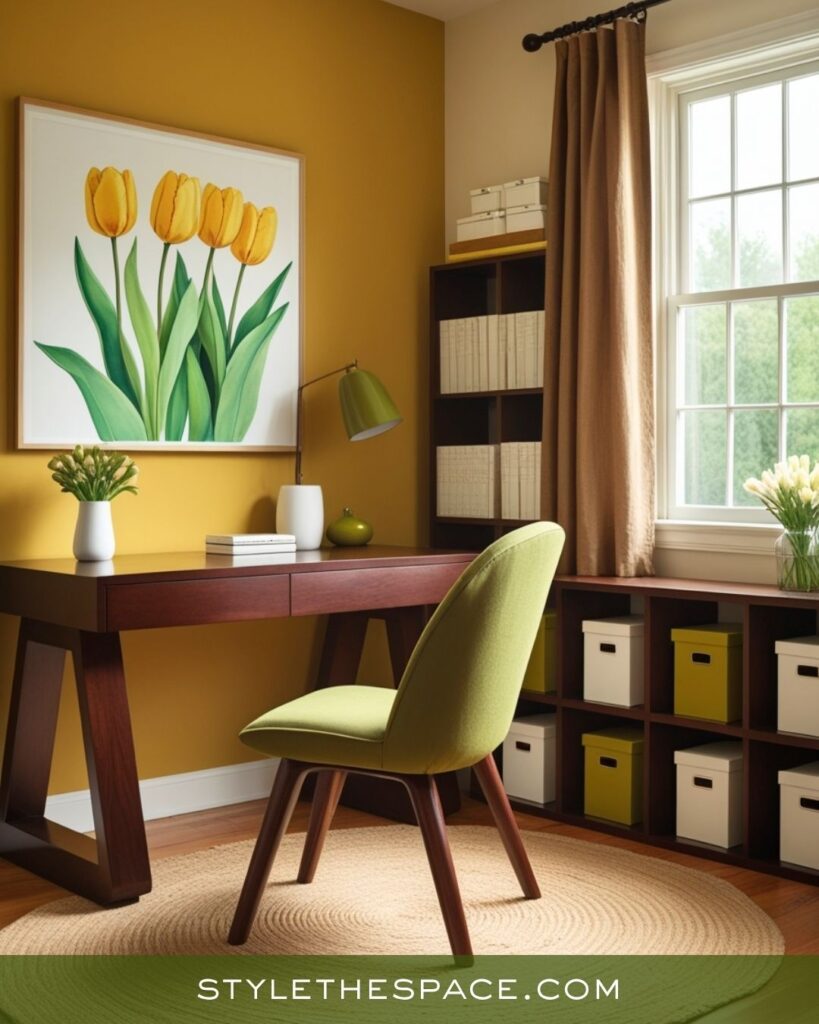 Warm Mustard Yellow Olive Green and Deep Brown Office Look