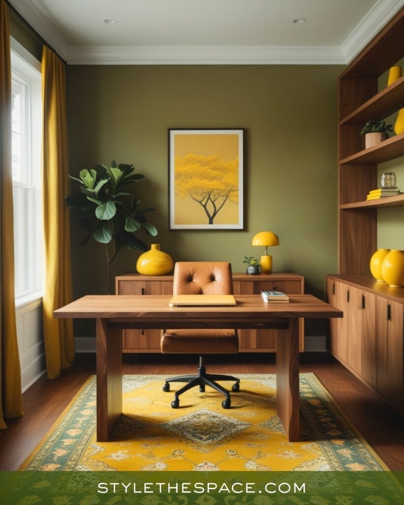 Balanced Mustard Yellow Olive Green and Deep Brown Office Design