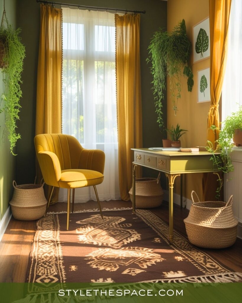 Bright and Organic Mustard Yellow Olive Green and Deep Brown Office Style