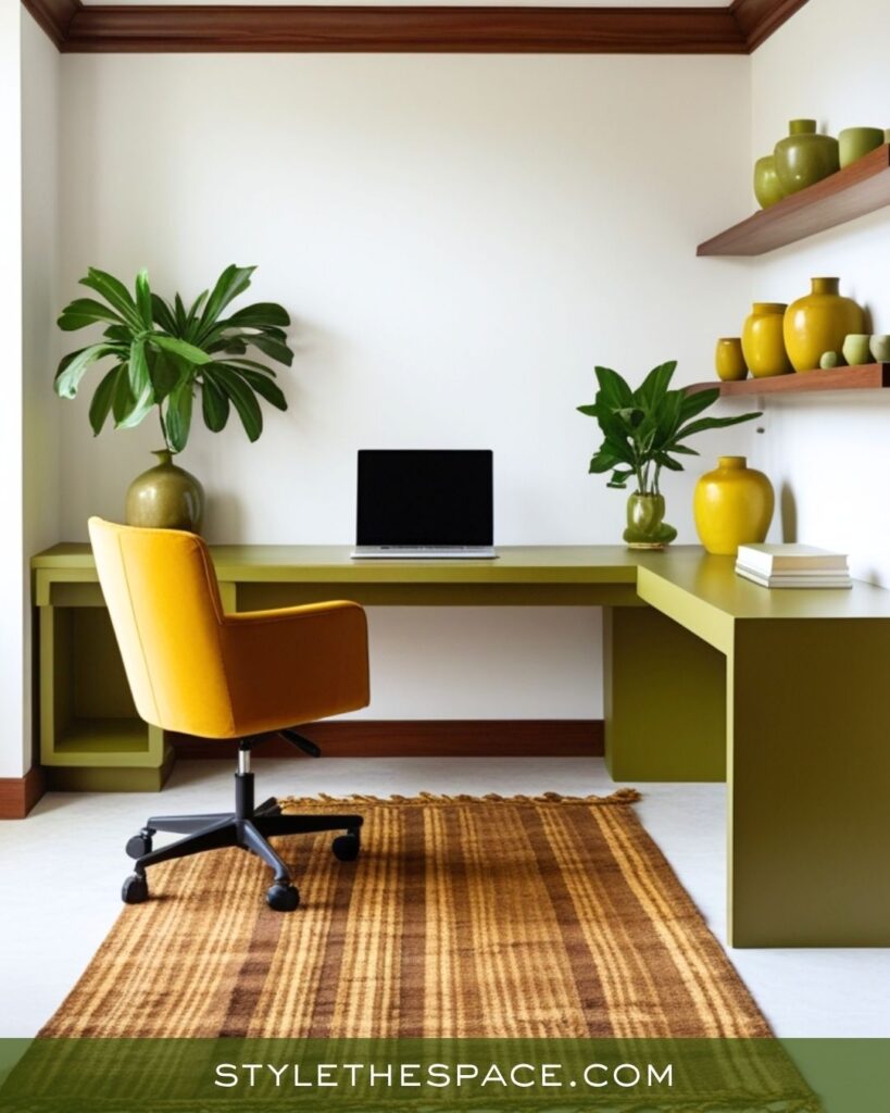 Clean Mustard Yellow Olive Green and Deep Brown Office Design
