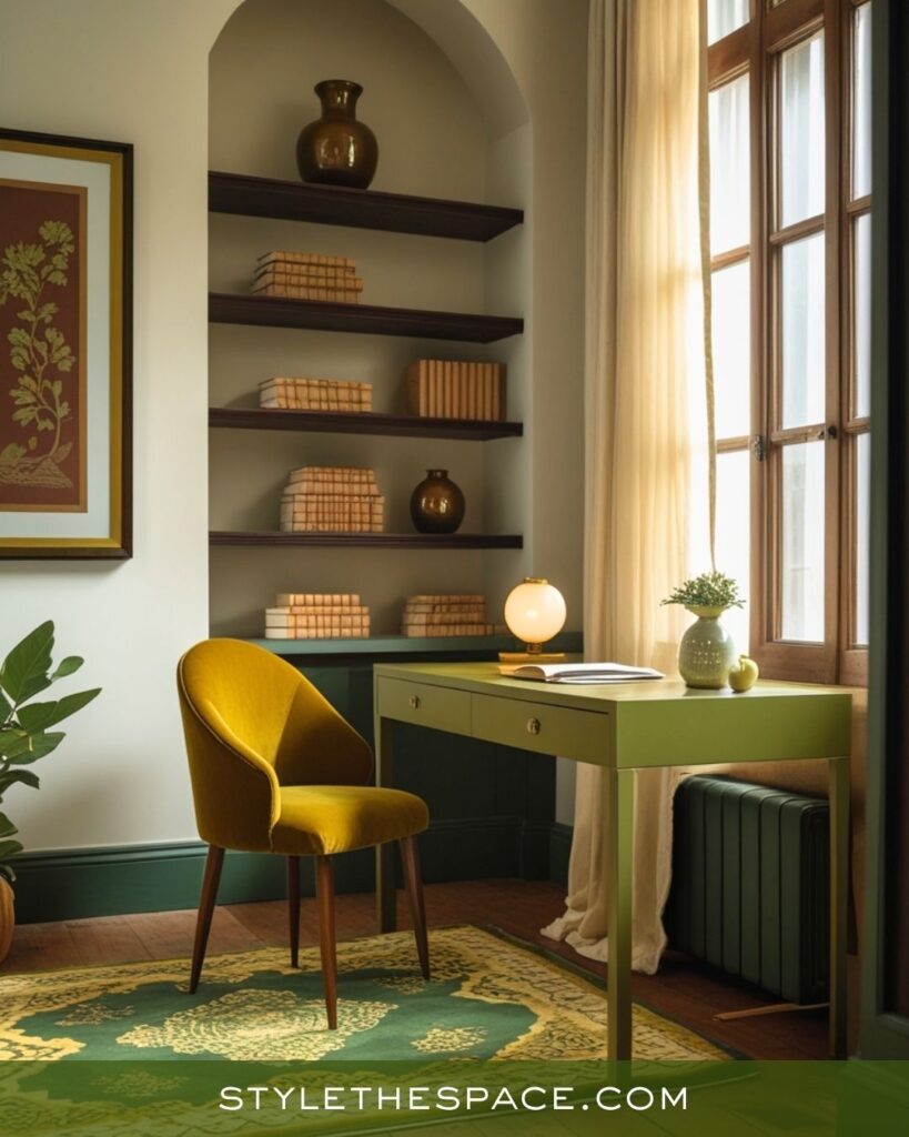 Elegant Mustard Yellow Olive Green and Deep Brown Office Decor