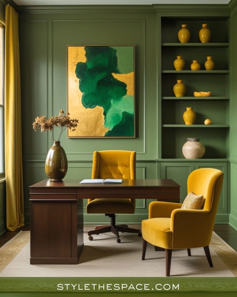 Sophisticated Mustard Yellow Olive Green and Deep Brown Office Design