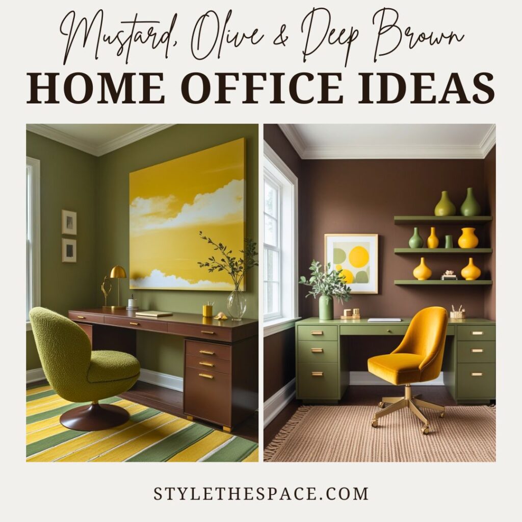Mustard Yellow, Olive Green, and Deep Brown Home Office Ideas