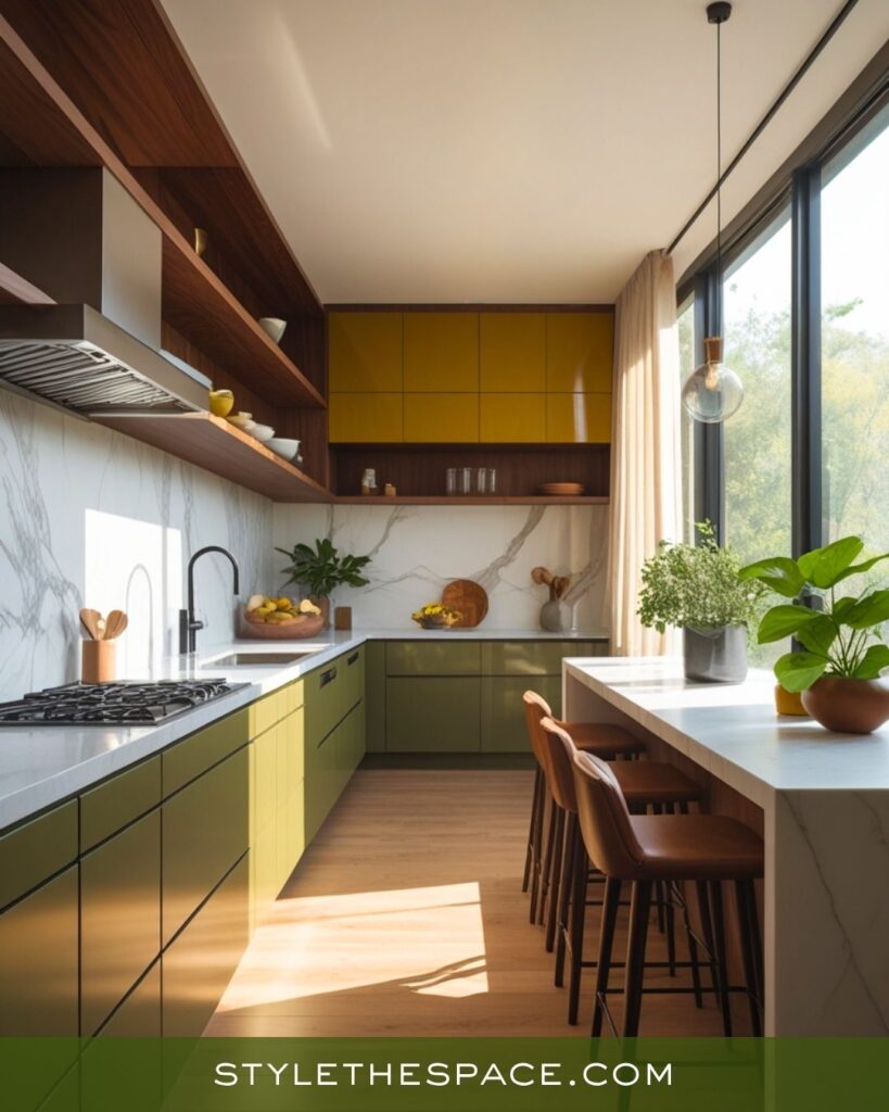 Sleek Mustard, Olive, and Brown Contemporary Kitchen