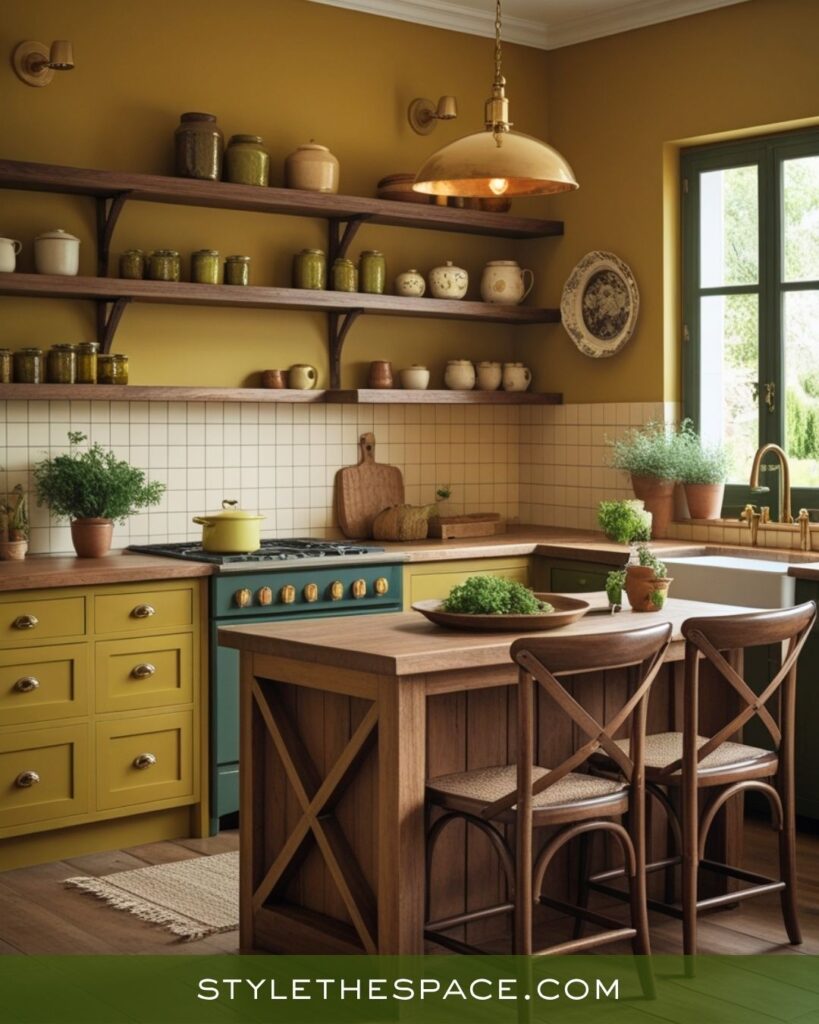 Cozy Mustard, Olive, and Brown Country Kitchen
