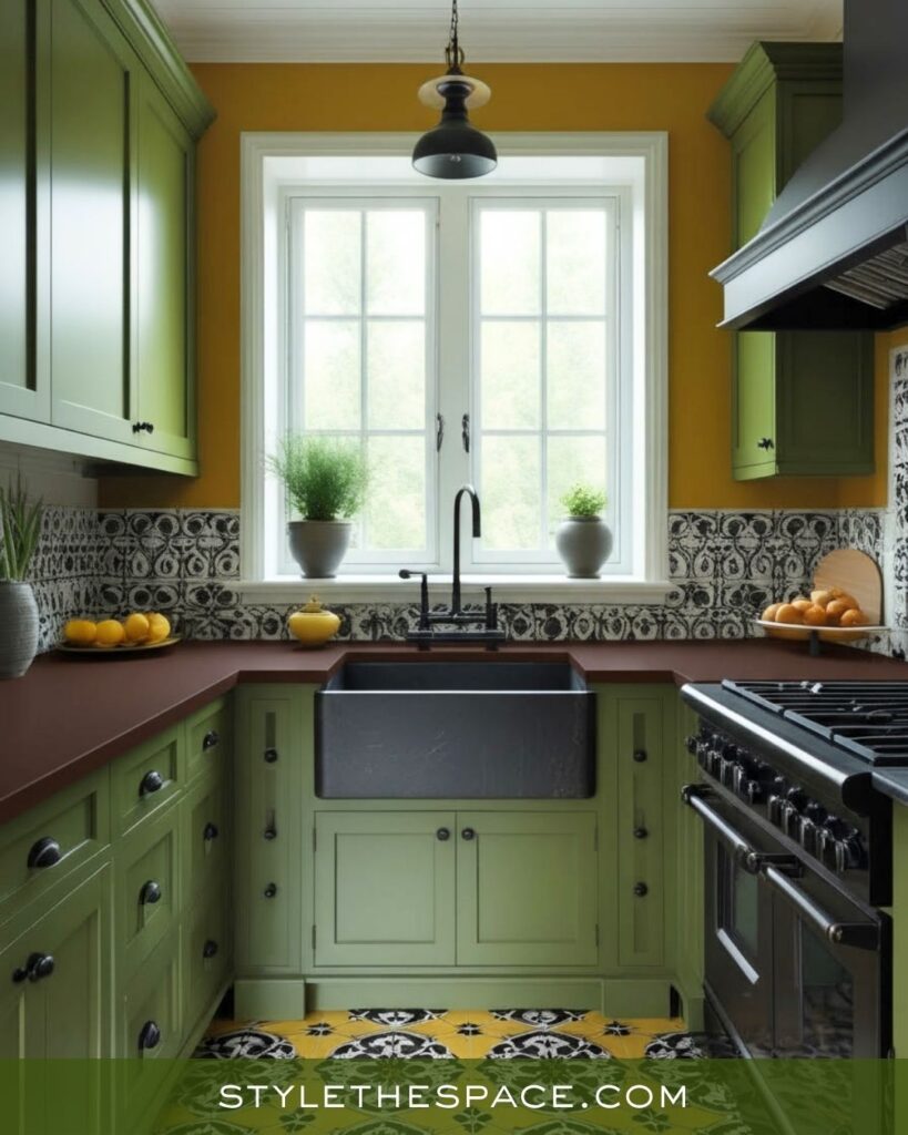 Bold Mustard, Olive, and Brown Patterned Kitchen