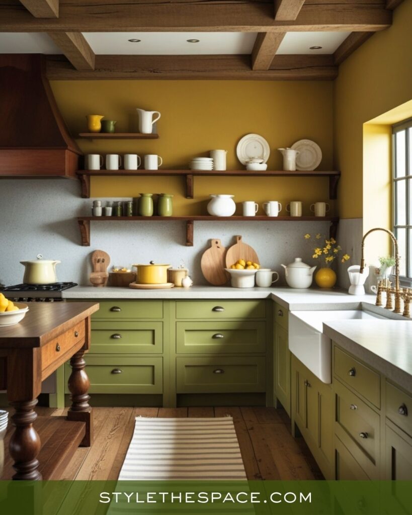 Inviting Mustard, Olive, and Brown Craftsman Kitchen